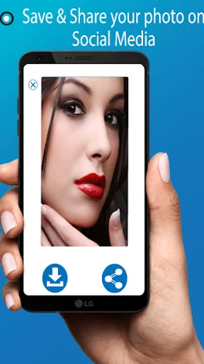 Mirror makeup app photo capture of woman with red lipstick, featuring save and social media share buttons