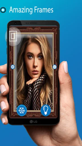 Beauty mirror camera with decorative frame overlay showing blonde woman, includes brightness and capture controls