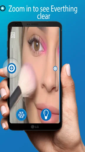 Magnifying mirror view zoomed on woman's eye for detailed makeup application with beauty app control buttons