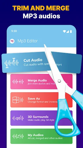 MP3 Cutter & Audio Trimmer app main menu showing trim, merge, cut audio, save as, 3D surround and my audios options