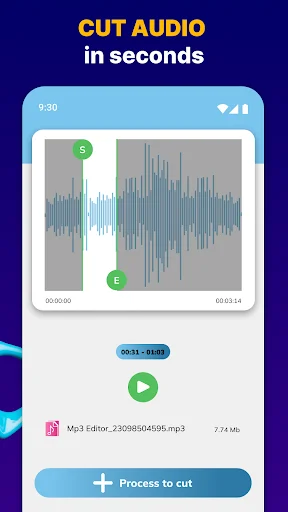 Audio cutting interface with waveform display, start/end markers, and process to cut button for MP3 editing