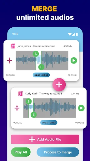 Audio merge screen displaying multiple track waveforms with play controls and add audio file button for combining MP3s