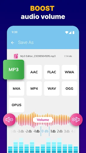 Audio format converter showing MP3, AAC, FLAC, WMA options with volume boost controls and equalizer for audio editing