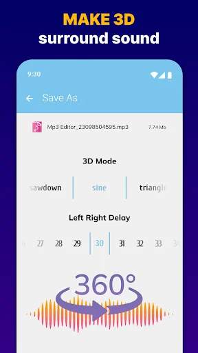 3D surround sound creator with 360-degree audio positioning, sine wave mode, and left-right delay adjustment controls