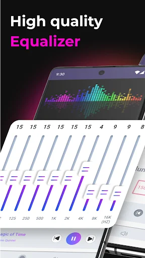 Music Equalizer Bass Booster app interface showing high quality equalizer with frequency sliders and colorful audio visualizer