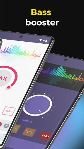 Bass booster feature in Music Equalizer app displaying volume control dial and MAX setting for enhanced audio experience