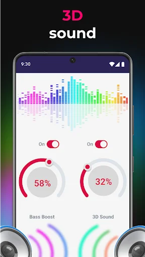 3D sound controls in Music Equalizer showing Bass Boost at 58% and 3D Sound at 32% with colorful frequency display