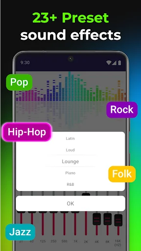 Music Equalizer preset menu showing 23+ sound effects including Pop, Rock, Hip-Hop, Jazz, and Folk audio enhancement options