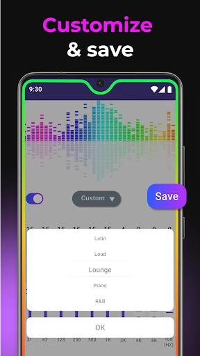 Customize and save settings in Music Equalizer Bass Booster with preset dropdown menu and blue Save button for personalization