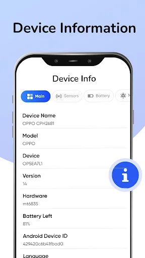 My Device Settings app showing device information screen with phone model, hardware specs, and battery details