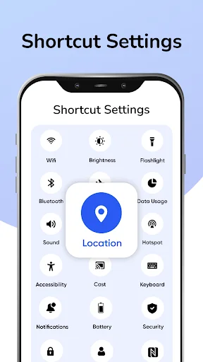 Shortcut Settings screen in My Device Settings app displaying quick access toggles for WiFi, Bluetooth, and location