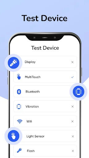 Test Device feature in My Device Settings app with hardware test options for display, multitouch, and sensors