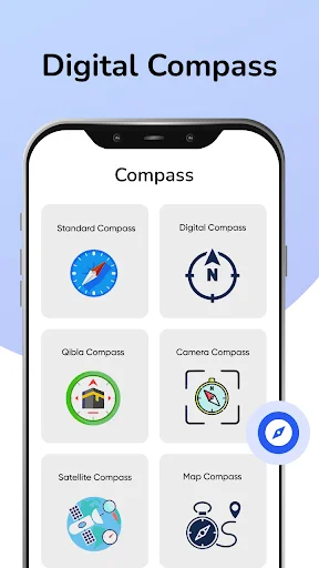 Digital Compass tool in My Device Settings app showing six compass style options including standard and qibla