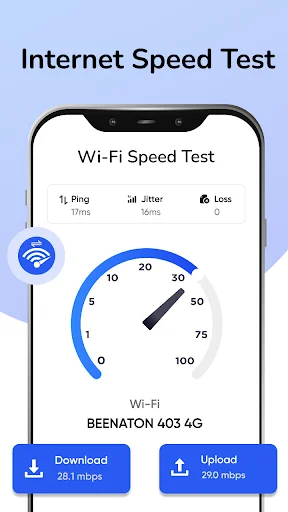 Wi-Fi Speed Test screen in My Device Settings displaying internet speed gauge with download and upload metrics
