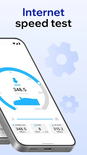 Internet speed test results displaying download and upload speeds with circular gauge meter and performance data