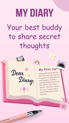 My Diary app welcome screen showing 'Your best buddy to share secret thoughts' with Dear Diary notebook illustration