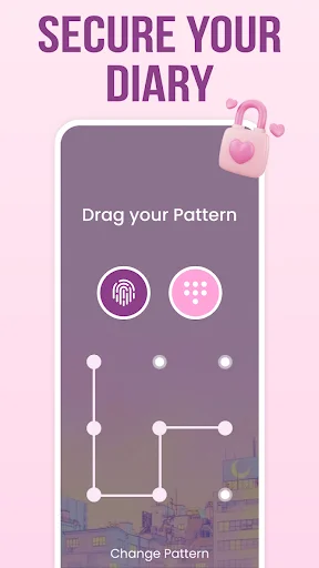 Secure diary pattern lock screen with fingerprint and PIN options, drag pattern interface for diary privacy protection