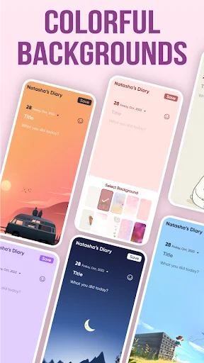 Colorful diary background themes showcase featuring orange, pink, purple and blue customizable diary interface options