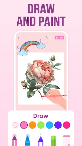 Draw and paint feature showing rainbow artwork and flower illustration with color palette and drawing tools for diary entries