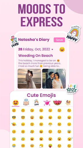 Mood expression diary feature displaying cute emoji collection for tracking daily emotions and feelings in journal entries