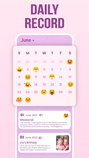 Daily record calendar view for June showing emoji mood tracking on dates with diary entry previews and navigation