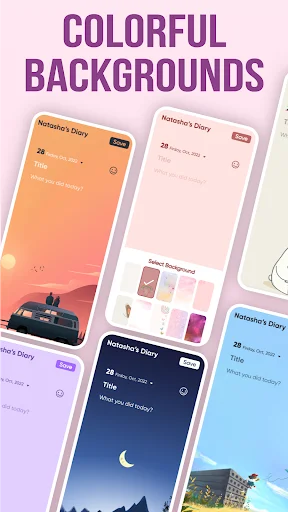 Colorful diary background themes showcase featuring orange, pink, purple and blue customizable diary interface options