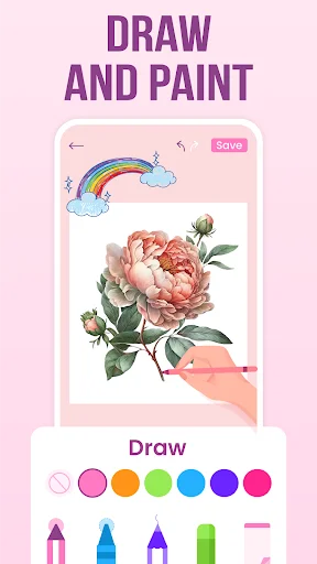 Draw and paint feature showing rainbow artwork and flower illustration with color palette and drawing tools for diary entries
