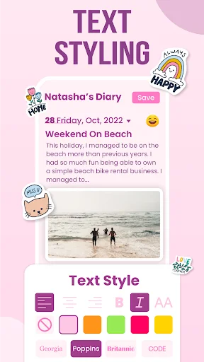 Text styling diary entry interface showing beach photo with formatting options, fonts, colors and text customization tools