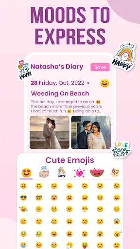 Mood expression diary feature displaying cute emoji collection for tracking daily emotions and feelings in journal entries