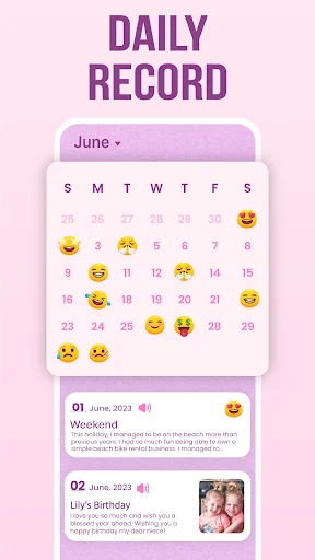 Daily record calendar view for June showing emoji mood tracking on dates with diary entry previews and navigation