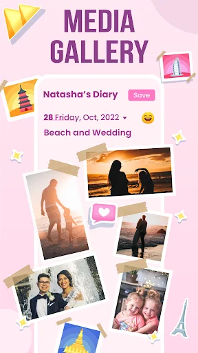 Media gallery feature showing photo collection in diary entry with beach and wedding photos for memory preservation