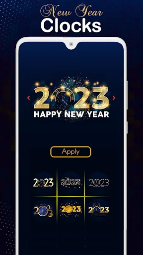 Nightstand Clock app New Year themed clocks selection screen with 2023 Happy New Year design and 6 customizable options