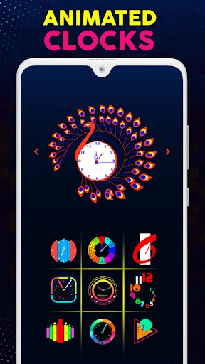 Animated clocks interface showing colorful digital nightstand clock designs with 9 vibrant always-on display options