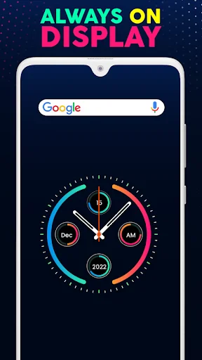 Always on display clock feature with analog design showing current time and Google search bar for personalization