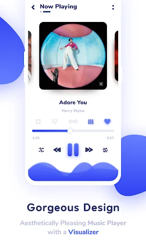 NYX Music Player now playing screen with visualizer, playback controls, and album art for offline MP3 playback