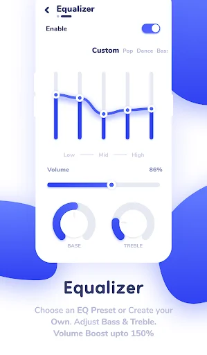 NYX Music Player equalizer screen with custom EQ presets, bass and treble controls, and 150% volume boost feature
