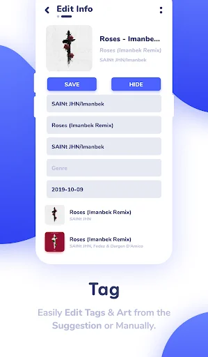NYX Music Player tag editor screen for editing song metadata, album art, artist, and genre information manually