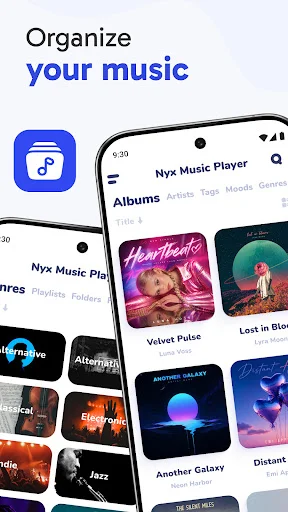 Music organization interface showing Albums, Playlists, Folders, and Genres library views with album artwork browsing.