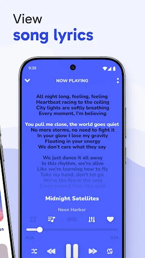 View song lyrics in now playing screen showing 'Midnight Satellites' lyrics with artist info and playback controls.