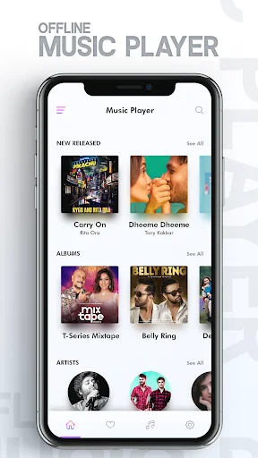 Offline Music Player app home screen showing new releases, albums and artists with album covers for offline music listening