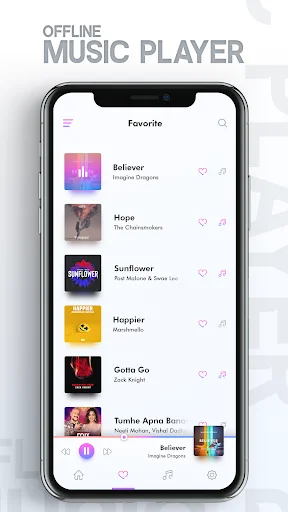 Favorites playlist in Offline Music Player displaying liked songs with heart icons and album artwork for easy access