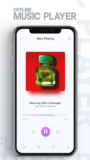 Now Playing screen of Offline Music Player showing song Dancing with a Stranger with playback controls and progress bar