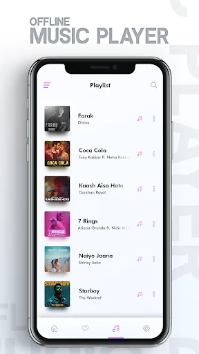 Custom playlist view in Offline Music Player featuring organized song collection with album covers and track details