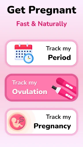 Ovulation Tracker app main menu showing three tracking options: Period, Ovulation, and Pregnancy with colorful icons