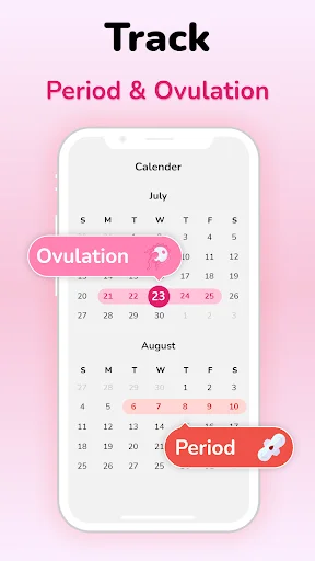 Period and ovulation calendar view displaying July-August with highlighted fertile days and cycle tracking features