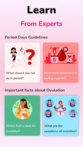 Educational section with expert guidance on period guidelines and ovulation facts with illustrated health tips