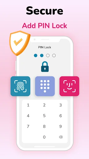 Security settings screen showing PIN lock setup with fingerprint, keypad, and face recognition authentication options