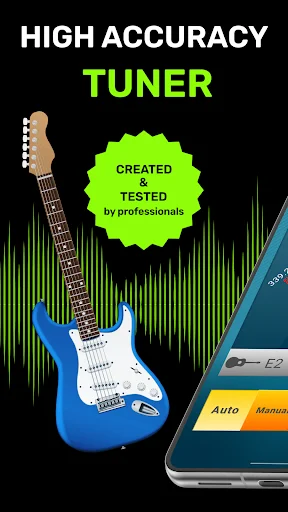 Perfect Guitar Tuner app promotional screen showing blue electric guitar with high accuracy tuner badge and waveform display
