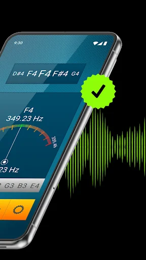 Guitar tuning interface displaying F4 note at 340.23 Hz with frequency meter and green checkmark for accurate tuning