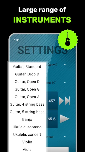 Instrument settings menu showing large range of tunable instruments including guitar, bass, banjo, ukulele, and violin
